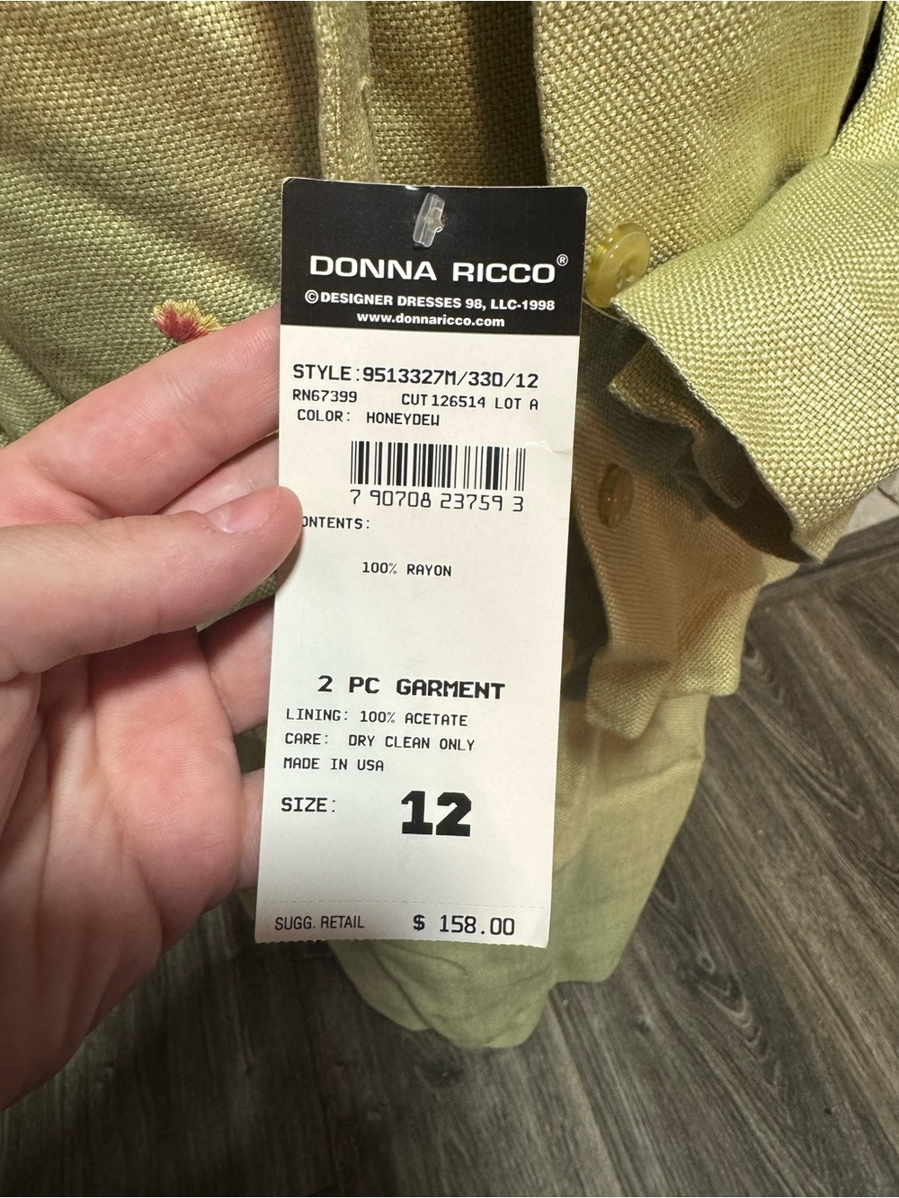 Donna Ricco Honeydew Two-Piece Dress Set - Size 12